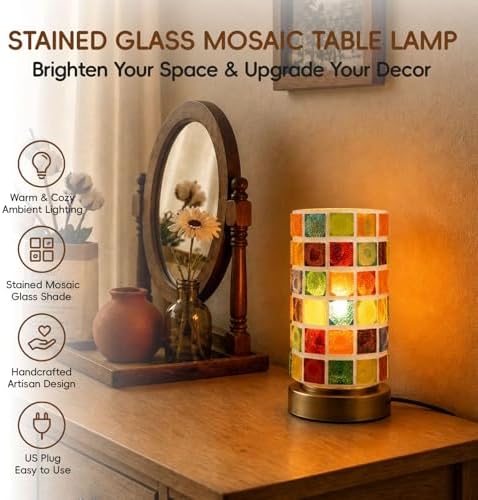 Mosaic Stained Glass Table Lamp for Bedroom Bedside, Bohemian Turkish Small Nightstand Lamp Night Light, Metal Base Round Colored Glass Shade Desk Lamp for Living Room Restaurant Bar (Bulb Included) - Image 2