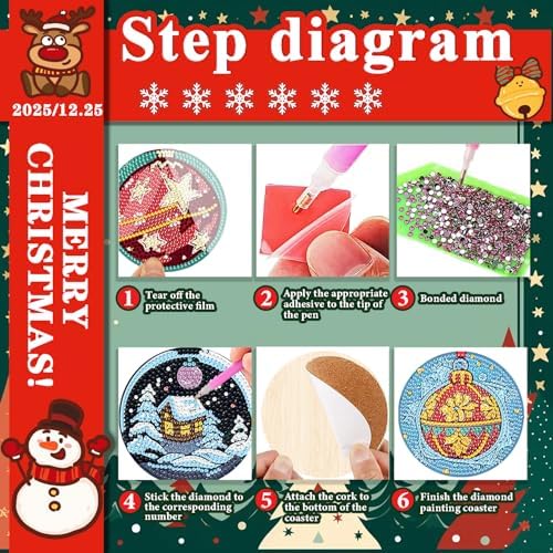 DOTSOPS 8 Pcs Diamond Art Kits for Adults Small Diamond Art Coasters with Holder,Diamond Art Painting Coasters for Adults Beginners Diamond Craft for Christmas Birthday (Christmas Ornaments) - Image 4