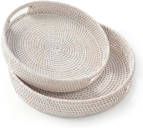 HITOMEN Hand-Woven Round Rattan Serving Tray Decorative Ottoman Wicker Platter with Handles for Coffee Table, Breakfast, Drinks, Snack, Bread, Fruit, Vegetables (Whitewash Set of 2: M+L) by HITOMEN