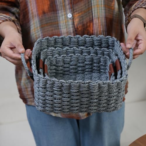 Woven Paper Rope Wicker Basket for Organizing(Set of 3,Grey) - Image 4