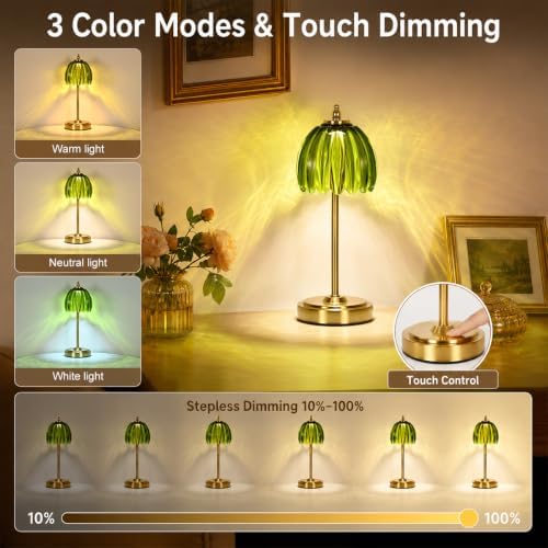 NewAoNaSen Glass Tulip Table Lamp, Cordless Rechargeable Table Light -Green - Image 3
