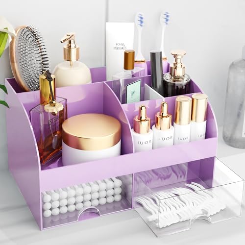 Makeup Organizer with Drawers, Cosmetic Storage for Dresser Vanity and Bathroom Countertop, Beauty Holder for Lipstick Brush, Skincare Organizer for Vanity, Cosmetic Display Case (Purple) by COMFYROOM