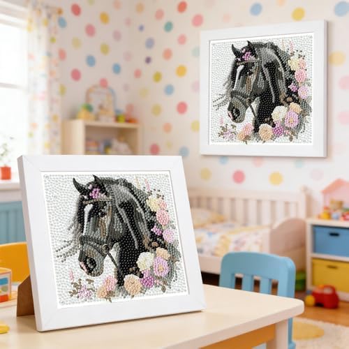 GHHKUD Black Horse Diamond Art Painting Kits for Adults with Frame, Diamond Art Animals Crafts for Ages 4-6-8-12, Easy to DIY Gem Painting Gifts Home Wall Deco 15x15cm (Beautiful Packages) - Image 4