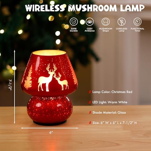 ULAROOM Christmas Battery Operated Mushroom Lamp - Vintage Small Table Lamp with Timer, Cordless Bedside Nightstand Lamp, Glass Battery Powered Lamp for Bedroom Kitchen Living Room Decor Aesthetic - Image 4