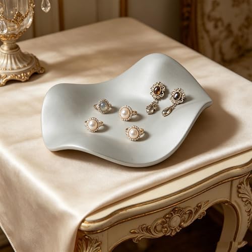 Ymiko Ceramic Jewelry Tray Dish Key Holder Minimalist Sophisticated Design for Vanity Entryway Table Bedroom Bathroom Decor Silver - Image 4