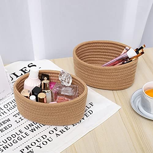 【2 Pack】ABenkle Small Woven Baskets, Tiny Oval Shallow Storage Baskets, Mini Cotton Rope Empty Decorative Basket, Boho Little Organizer Bins for Bathroom, Cat Dog Toy Gifts Baskets - Image 6
