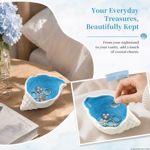 Conch Shell Jewelry Dish Ceramic, Blue Coastal Decor Jewelry Tray, Shell Trinket Dish for Rings Earrings, Ocean Themed Vanity Tray Jewelry Organizer for Bedroom Bathroom Desk, Gift for Women - Image 5