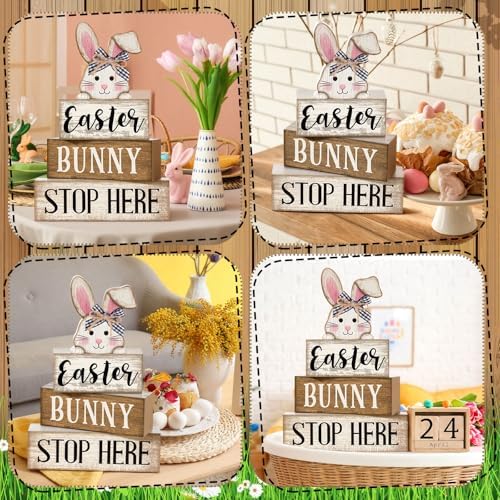 Moucuny 4 Pcs Easter Bunny Wood Signs Farmhouse Tiered Tray Table Decor - Image 6