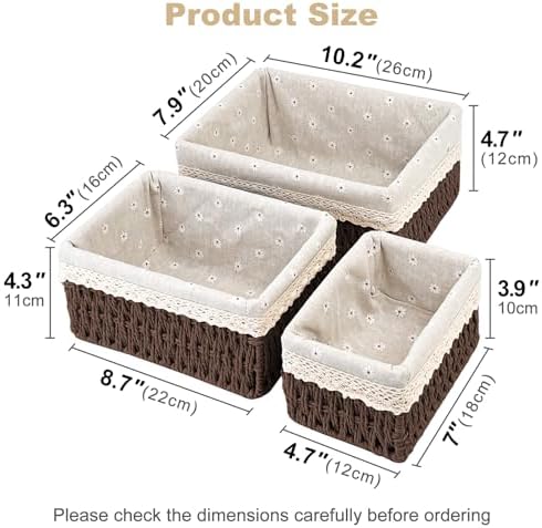 Wicker Storage Baskets 3-Pack Set, Hand-Woven Paper Rope Rattan Bins with Removable Liner, Multi-Size Organizer Baskets for Pantry, Countertop, Bedroom, Bathroom, Shelves (Dark-Brown, L+M+S) - Image 2