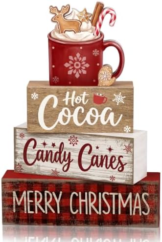 Moucuny 4 Pcs Christmas Table Decorations Wooden Hot Chocolate Cocoa Stacked Wooden Blocks Christmas Tiered Tray Decor with Cocoa Mug, Candy Canes Winter Centerpiece for Home Offiece Coffee Bar by Moucuny