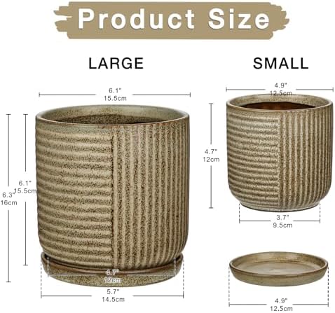 Oairse Ceramic Pots for Indoor Plants, 6.1 +4.9 inch Pots for Plants Set of 2 Brown Plant Pots with Drainage Holes and Saucers Texture Ceramic Planters Indoor Outdoor Flower Pot for Succulent - Image 3