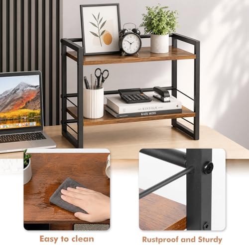 Wooden Desk Shelf Organizer - 2 Tier Desktop Bookshelf Storage Rack, Brown - Image 4