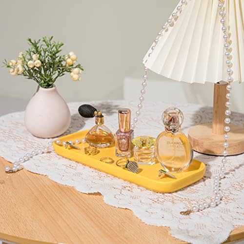 Ceramic Bathroom Tray,Kitchen Sink Organizer Tray,Cosmetics Holder,Vanity Trays,Candle Tray,Dessert Plate,Simple Style Rectangle Tray for Dessert Fruit Jewelry Perfume Soap Succulents Plant (Yellow) - Image 4