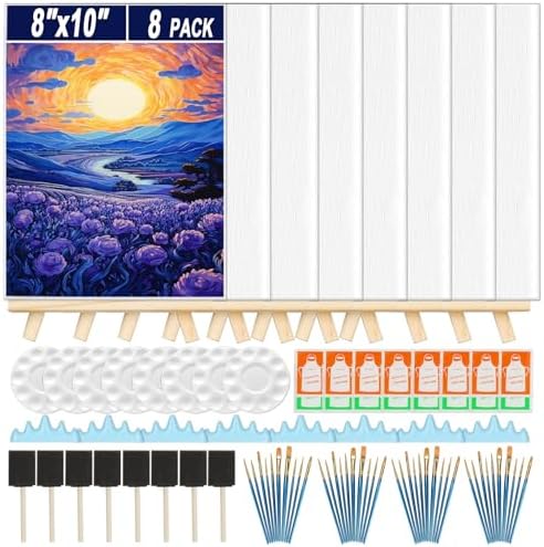 8 Pack Mini Canvas and Easel Set, 8×10 Inch Paint Party Kit Include 8 Small Easels 8 Color Palettes 8 Pen Holders 8 Sponge Brushes 16 Apron and 40 Brushes, Canvas Kit for Painting Party by Fesorsi