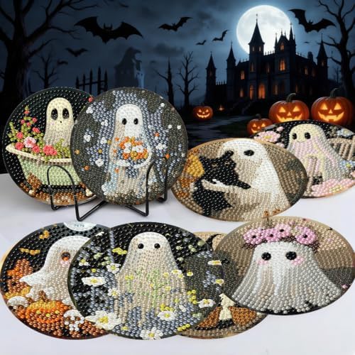 LWZAYS 8 PCS Halloween Ghost Diamond Art Coaster Kits with Holder - Horror Diamond Painting for Adults Beginners - 5D Gem Art Dots Paintings with Cork Pads - Crafts Supplies - Image 5