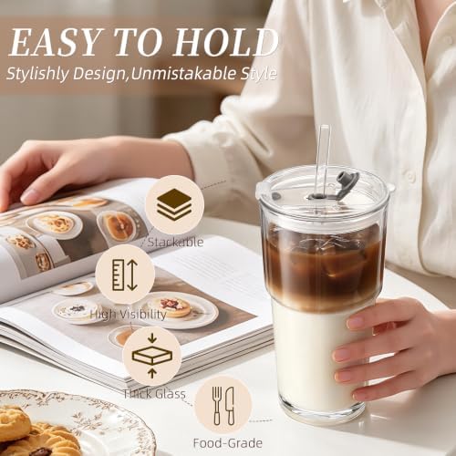 Iced Coffee Cups with Lids 2Pcs: Coffee Bar Accessories - Glass Tumbler with Straw and Lid 20oz - Vintage Glass Cups with Lids and Straws - Tumbler Leak Proof Aesthetic Drinkware for To Go Iced Coffee - Image 3