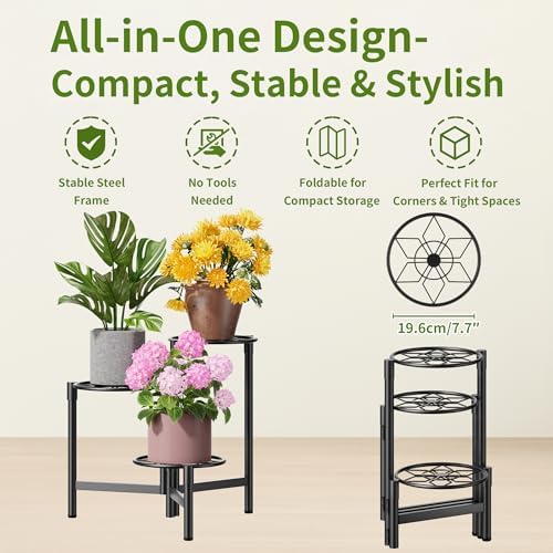 Tiered Plant Stand Outdoor 3 Tier Indoor Metal Flower Shelf for Multiple Plants Corner Tall Flower Holders for Patio Garden Living Room Balcony Bedroom Black Diamond - Image 5