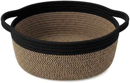 Small Cotton Rope Basket - White Woven Storage Basket with Handles, Desktop Organizer for Keys, Remotes, Makeup, Soft Decorative Bin for Bathroom, Office Shelf (Black/Brown) by QYMXHZE