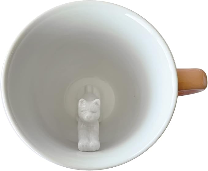 Creature Cups STRETCHING CAT Ceramic Cup (11 Ounce, Peach Exterior) - Hidden 3D Animal Inside - Stretching Kitty Mug - Birthday, Mother's Day, Housewarming Drinkware Gift