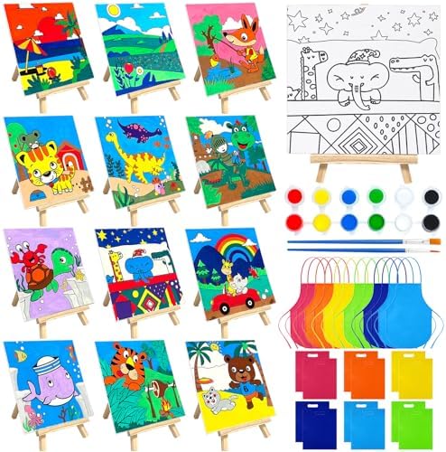 SytuHete 48PCS 12 Sets Printed Canvas Paint Art 12 Pcs Wooden Easel Set Paint Pots and Brushes and 12 Pre Drawn Canvas Panel 12 Pcs Mini Apron and Tote Bag for Kids(Classic) by SytuHete