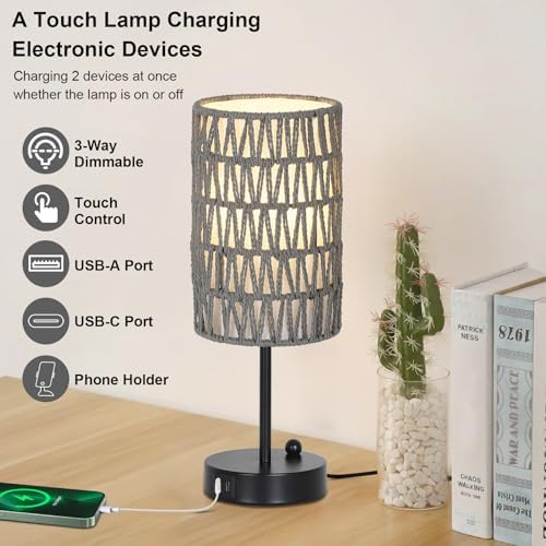 Gray Bedside Lamps Set of 2, Touch Control Night Stand Lamp for Bedroom with Rattan & Linen Shade & Bulbs, 3 Way Dimmable Small Boho Table Lamps with USB Charging Port & Phone Stand - Image 3