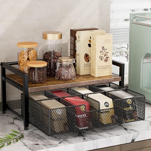 Tea Bag Organizer, Tea Bag Holder with Drawer, Wood and Metal Tea Organizers and Storage Chest for Countertop Kitchen, Office, Rustic Brown - Image 6