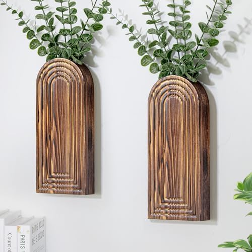 Wooden Wall Planter Vase Set of 2, Boho Hanging Planter for Indoor Plants & Flowers, Natural Wood Wall-Mounted Planters for Art Home Decor - Living Room, Bedroom, Bathroom, Patio (Brown) by Unknown