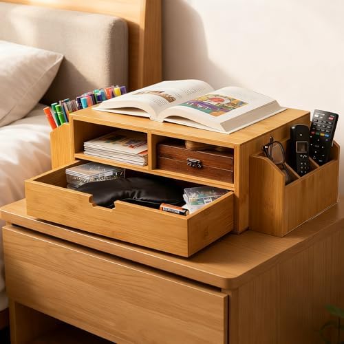 Hiceeden 2 Tier Bamboo Desktop Organizer, Desk Monitor Stand Riser with 1 Drawer and 2 Pen Holder, 2 Compartment Computer Desk Storage Organizer for Laptop, Printer - Image 7