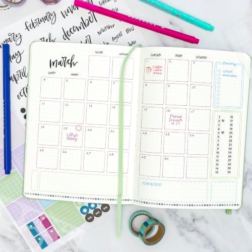 PAPERAGE Bullet Journal Kit, Dotted Journaling Set & Stationary Kit, Hardcover Dotted Journal Notebook (Raspberry), 12 fineliner Pens, 8 Sticker & 3 Stencil Sheets, 6 Washi Tapes - Image 6