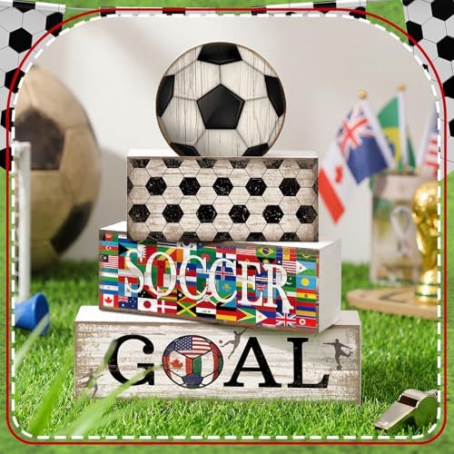 Moucuny 4 Pcs Soccer Centerpieces Table Wooden Block Signs Ball Topper - Image 2