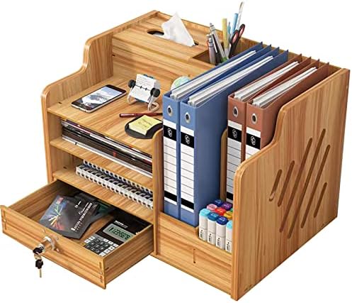 Bamboo Desk Organizer, Desktop Wood Bookshelf File Organizer, Pen Holder and Tissue Holder, 1 Drawer with lock for Office, Home, Need to Install(Cherry Wood) by Zynersfocusonofficesupplie