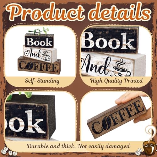 Moucuny 4 Pcs Farmhouse Table Decor Rustic Wooden Book and Coffee Signs - Image 3