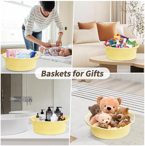 Pro Goleem Small Woven Basket with Gift Bags and Ribbons Durable Baskets for Gifts Empty Small Rope Basket for Storage 12"X 8" X 5" Baby Toy Basket with Handles, Yellow - Image 3