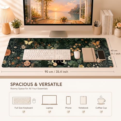Black Cat Desk Mat, Dark Botanical Floral XXL Mouse Pad 35.4x15.7 in - Image 3