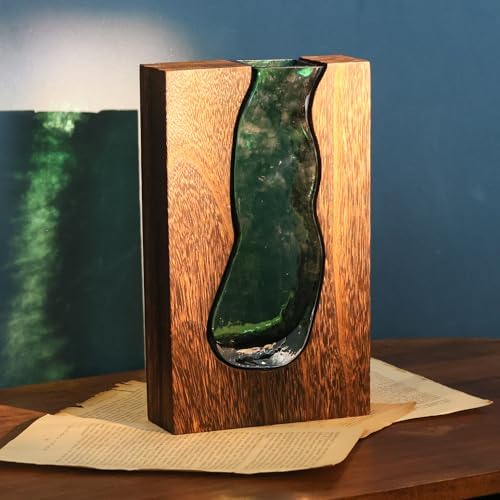 Wood and Glass Inlay Vases Farmhouse Wooden Glass Flower Vase Solid Wood Glass Vase Home Decor Vases for Centerpiece (9.45 Inches) by LITIVY