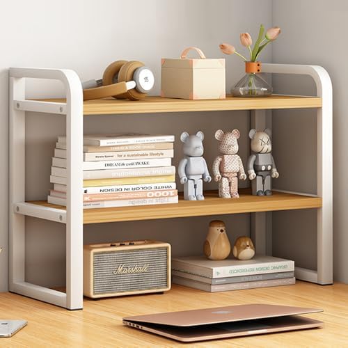 Office Desk Shelf Organizer, Wood Desktop Bookshelf Supplies Storage Rack, Shelf for Top of Desk and Dresser and Cubicle Decor Aesthetic Bookshelf (White Wood, Two Tier 19.69 Lx7.87 Wx15.16 H) by Janebert