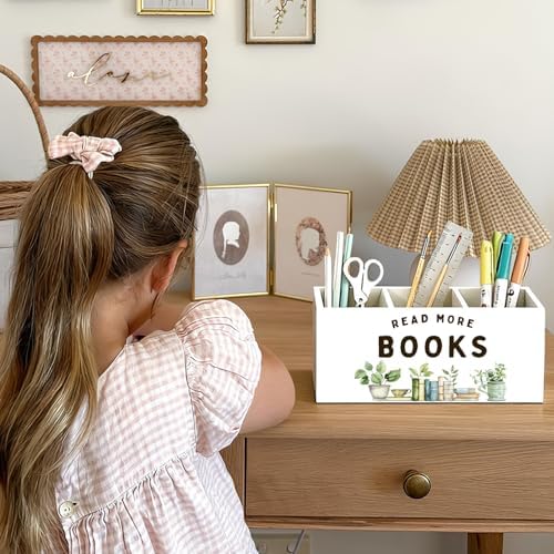 Book Lovers Gifts Pen Holder, Book Reader Gifts Pencil Holder for Desk, Read More Books Wooden Box Sign Decorations for Reading Room Corner Nook Classroom Desk Tabletop - Image 4