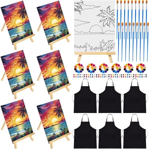 Motipuns 6 Set Pre Drawn Canvas for Painting for Adults Sip and Paint Kit with Easels 8 x 10 Inches Paint Party Kit with Printed Canvas Paints Brushes Palette Apron(Seaside Sunset) by Motipuns