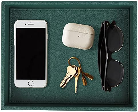 HofferRuffer Faux Leather Decorative Tray, Elegant Desktop Storage Organizer, Decorative Catchall Perfume Tray, Nightstand or Dresser Vanity Tray Organizer, 10.2 x 8.4 x 1.8 inches (Dark Green) by HofferRuffer