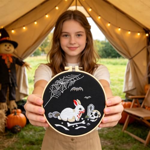 Halloween Embroidery Kits for Beginners Adults, Gothic Rabbit Embroidery DIY Kit, Halloween Cross Stitch Kits Needlepoint Kits for Beginners Adults Woman Gifts, Embroidery Hoop, Thread, Video Tutorial - Image 6