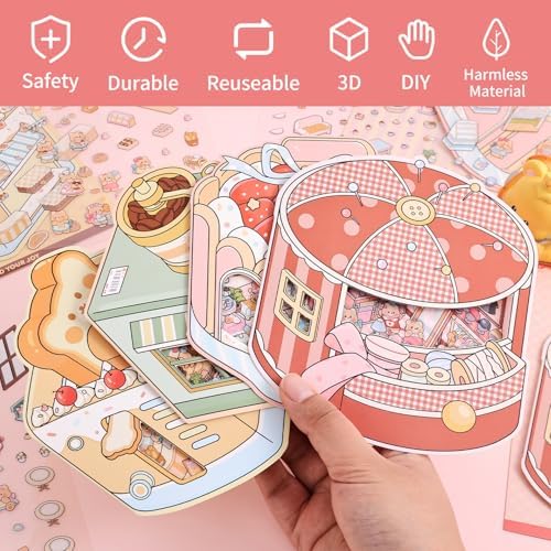 Girls 3D Miniature Scene Stickers, 4 Sets Mini Shop DIY House Stickers for Clothing Store, Coffee Shop, Bakery, Dessert Shop, Cute 3D Cartoon Sticker Scenes for Adult Kids Relief Stress Pass The Time - Image 2