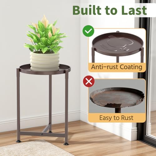 LASZOLA Metal Small Plant Stand Indoor Tall with 11 Inch Large Tray, Brown - Image 3