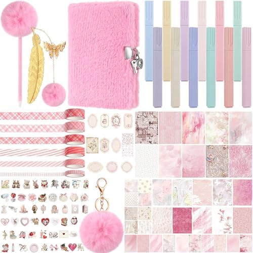 Janlaugh DIY Journal Diary with Lock Pack Scrapbook Kit, Pink, Plush by Janlaugh