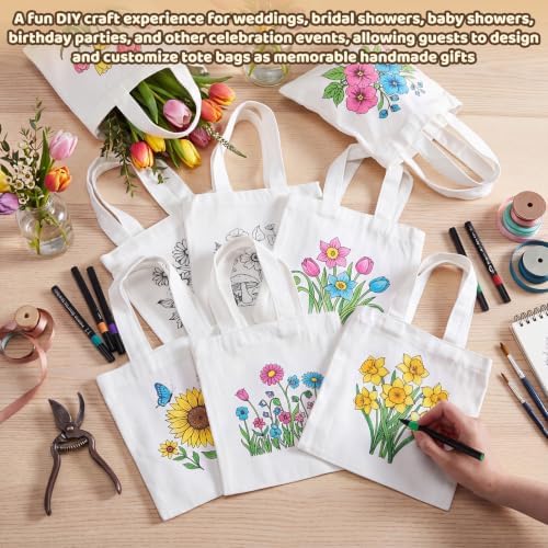 48 Pcs Floral Canvas Tote Bags Kit Craft Paint Color Your Own - Image 2