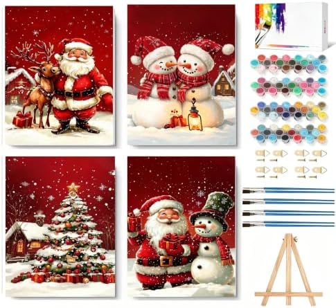 4 Pack Christmas Paint by Numbers Kit for Adults with Frame, Easy Snowman Paint by Number for Adults Beginner with Wooden Easel, DIY Painting by Numbers Canvas Framed for Home Decor 8 x 12 Inch by LWZAYS