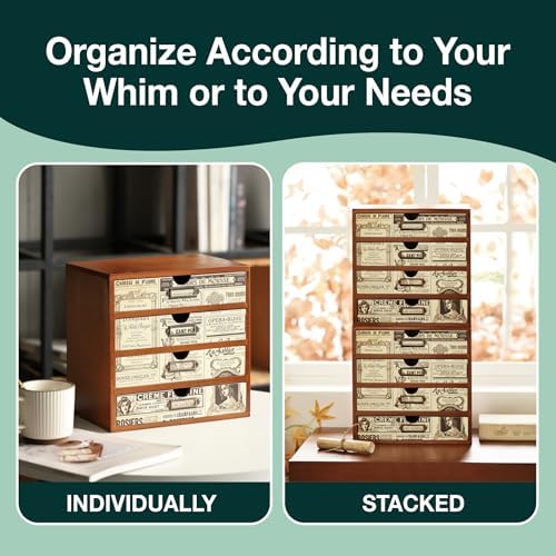 4-Drawer Vintage Ephemera Pattern Desktop Organizer - Arts and Craft Newspaper Design Desk Storage Cabinet - Ephemera Wood Shelf Drawers with Label Holders - Scrapbook Collecting - Image 5