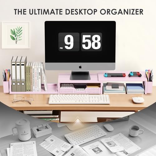 OPNICE Desk Organizers and Accessories, Dual Monitor Stand Riser with Drawer and 2 Pen Holders, Desk Shelf Printer Stand for Office Workspace Organizers, Desktop Organization (Pink) - Image 5