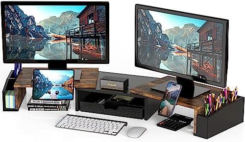 Simple Houseware Desk Dual Monitor Stand Riser with Drawer, Rustic Brown by SimpleHouseware