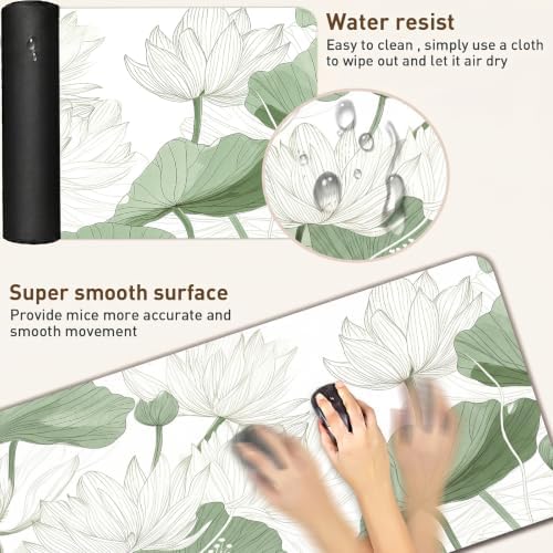 Sage Green Desk Mat, Botanical Lotus XXL Mouse Pad 35.4x15.7in - Image 4
