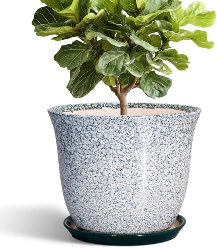 12 Inch Pot for Plants- Ceramic Planter Indoor Outdoor, Round Large Plant Pots with Drainage Hole and Saucer, Decorative Flower Pots, Modern Planter, Garden Decor, Plant Lovers Gifts, Green by SUNPOTFOR